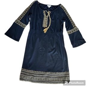 J. Jill Black with Gold Embroidery Bell Sleeved Bohemian/Peasant Dress Small